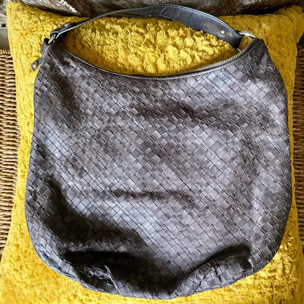 Grey Woven Leather Hobo Bag